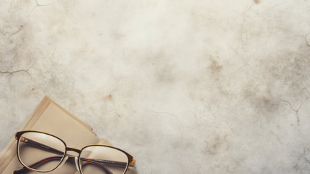top view of eyeglasses and bookle table with copy spaceの素材