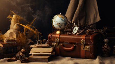 Vintage still life with a compass, books and a globe on a dark backgroundの素材