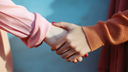 Close up of two female hands holding each other. Concept of friendship and unity.の素材