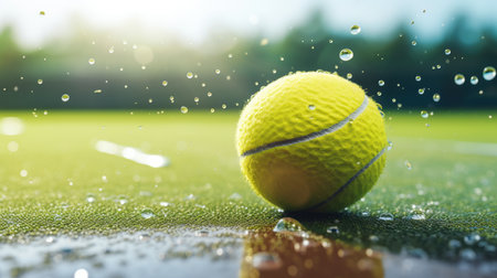 Tennis ball on the court with water drops after the rain.の素材