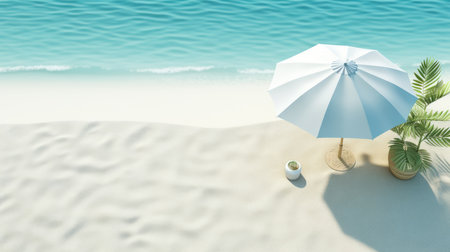 White umbrella and coconut on white sand beach. 3d rendering.の素材