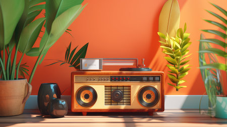 Retro radio in room with tropical plants. 3D rendering.の素材
