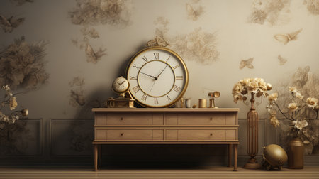 Vintage wooden chest of drawers with clock in the room. 3d renderingの素材