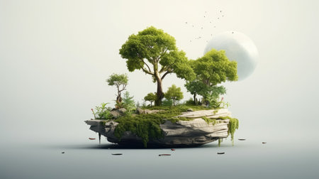 Floating island with tree on the rock, 3d illustration.の素材