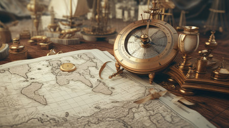 Vintage still life with old map, compass and nautical itemsの素材