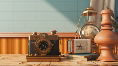 Vintage camera, books and clock on wooden table. 3d renderingの素材