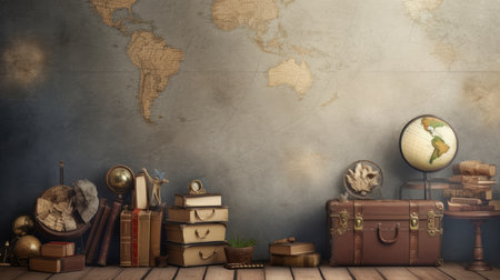 Vintage travel background with old world map. 3d illustration.の素材