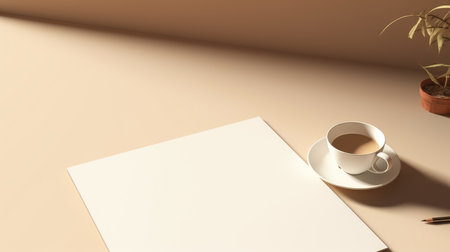 Blank paper with cup of coffee on table. 3d renderingの素材
