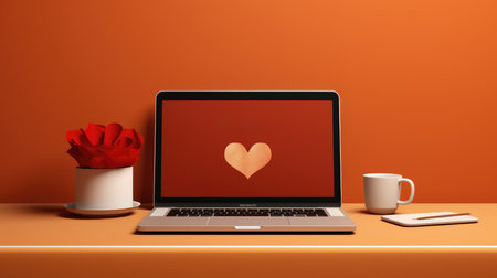 Laptop with red heart on orange background, valentines day conceptの素材
