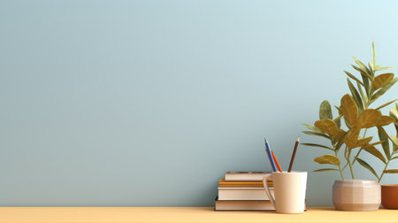 Wooden shelf with books, plant and pencils on blue wall backgroundの素材