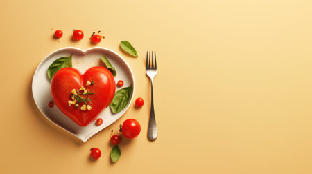 Creative food concept photo of heart made of tomato on plate with fork.の素材