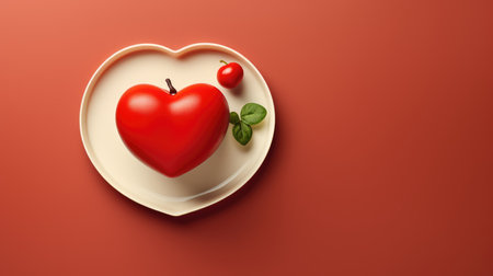 Red heart and basil in a plate on a red background. 3d renderingの素材