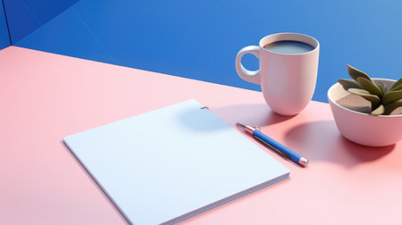 Mockup of notebook, pen and cup of coffee on pink background.の素材