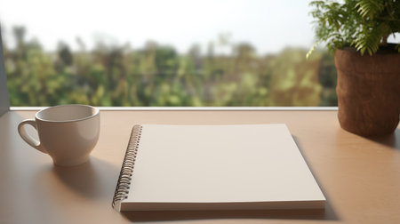 Blank notepad with coffee cup on wooden table in front of window. 3d renderの素材
