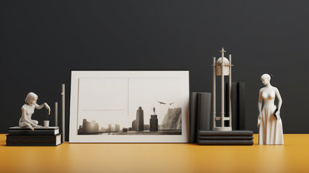 3D rendering of blank photo frame mockup in black room.の素材