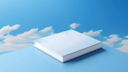 Blank book on blue table with blue sky and clouds background.の素材
