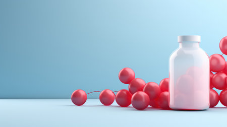 3d rendering of a bottle of milk and red balloons on blue backgroundの素材
