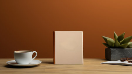 Blank book and coffee cup on wooden table. 3d renderingの素材