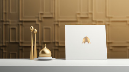Ramadan Kareem greeting card with golden mosque. 3D renderingの素材