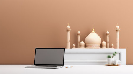 Laptop on a white table in front of a beige wall, 3D renderingの素材
