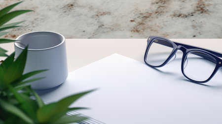 Blank paper with glasses and plant on table. 3d renderingの素材
