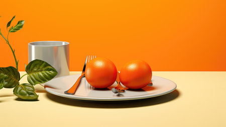 Orange fruits on a plate and a cup of coffee. 3d renderingの素材
