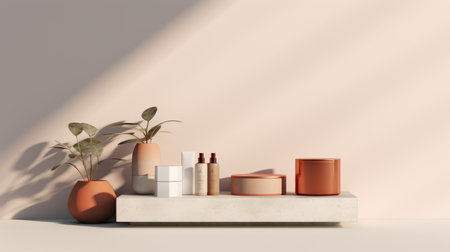 Cosmetic products on white podium in the room. 3d renderingの素材