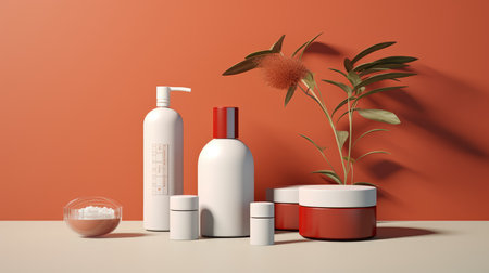 cosmetic bottle containers in front of orange wall, 3d renderingの素材
