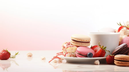 Colorful macaroons and cup of coffee on a white backgroundの素材