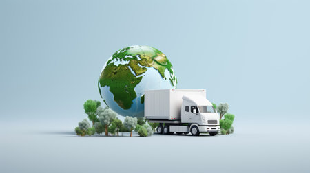 3d rendering of a truck carrying a green earth globe in the backgroundの素材