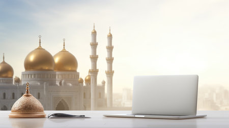 Laptop and coffee cup on white table with mosque in the backgroundの素材
