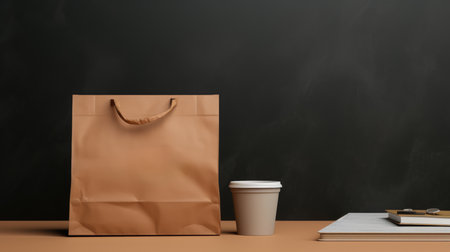 brown paper bag with coffee cup on the table and blackboard backgroundの素材