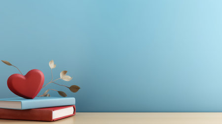 Books and red heart on a blue background. 3d rendering.の素材