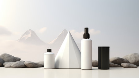 Mockup of cosmetic product with mountains background. 3D renderingの素材