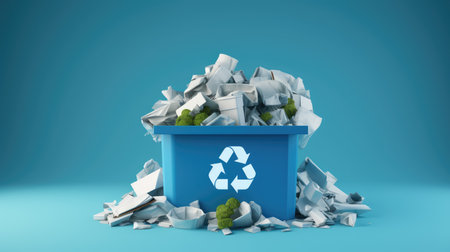 Recycling bin full of paper waste on blue background 3D renderingの素材