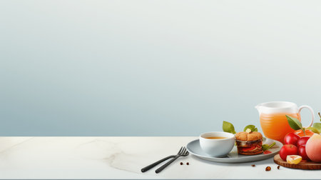 Cup of coffee on white marble table and blue wall background.の素材