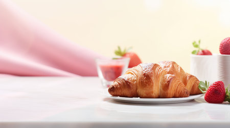 Freshly baked croissant with strawberry and jam on white tableの素材