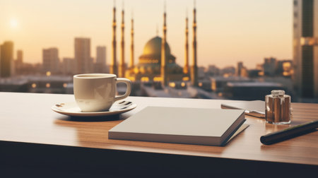 Coffee cup on wooden table with blurred cityscape and mosque at sunset, Ramadan Kareem backgroundの素材