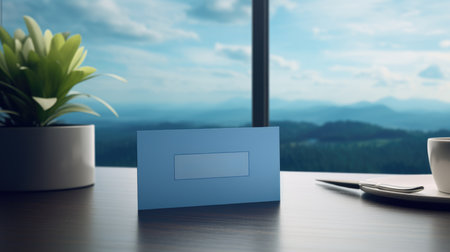 Blank blue business card on office desk with mountain view. 3D Renderingの素材