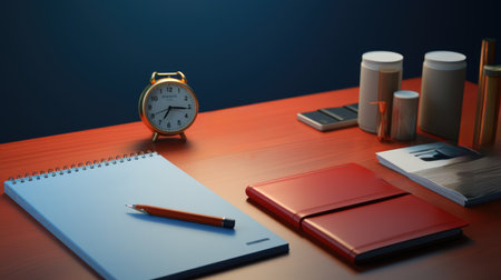 Notebook and alarm clock on the desk. 3d illustration.の素材