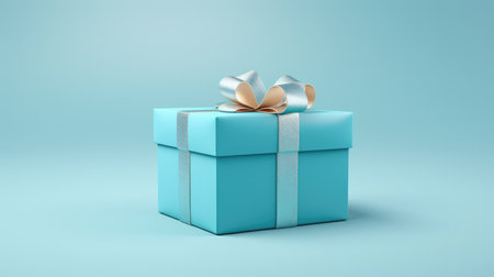 Blue gift box with bow on blue background. 3D rendering.の素材