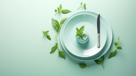 Empty plate with mint leaves and cutlery, 3d renderingの素材