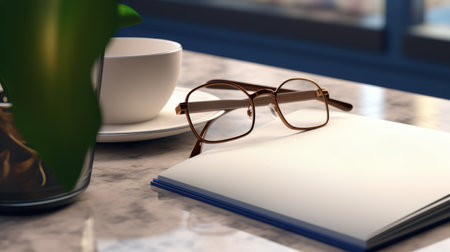 Notebook and eyeglasses on the table. 3d renderingの素材