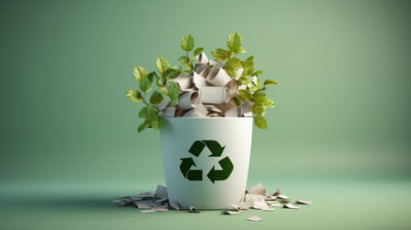 3d render of recycle bin with green leaves on green background.の素材