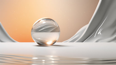3d render, transparent glass ball with water and white curtain backgroundの素材