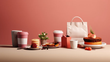 Flat lay composition with coffee cup, donuts and shopping bagの素材