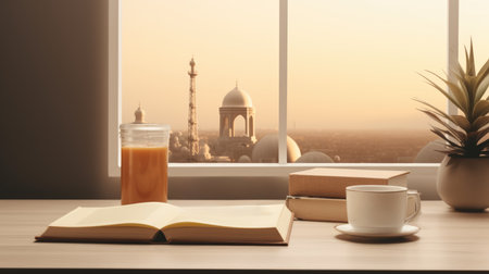 Cup of coffee and opened book on wooden table in front of Taj Mahal, Indiaの素材