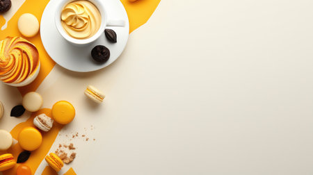 Cup of coffee, macaroons and chocolate candies on color backgroundの素材