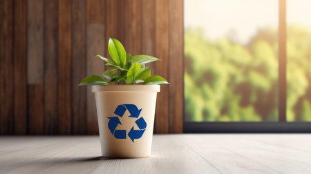 Recycling symbol in paper cup on wooden table in front of windowの素材