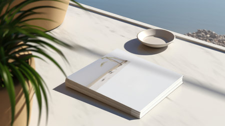 3D render of a book on a white table by the seaの素材
